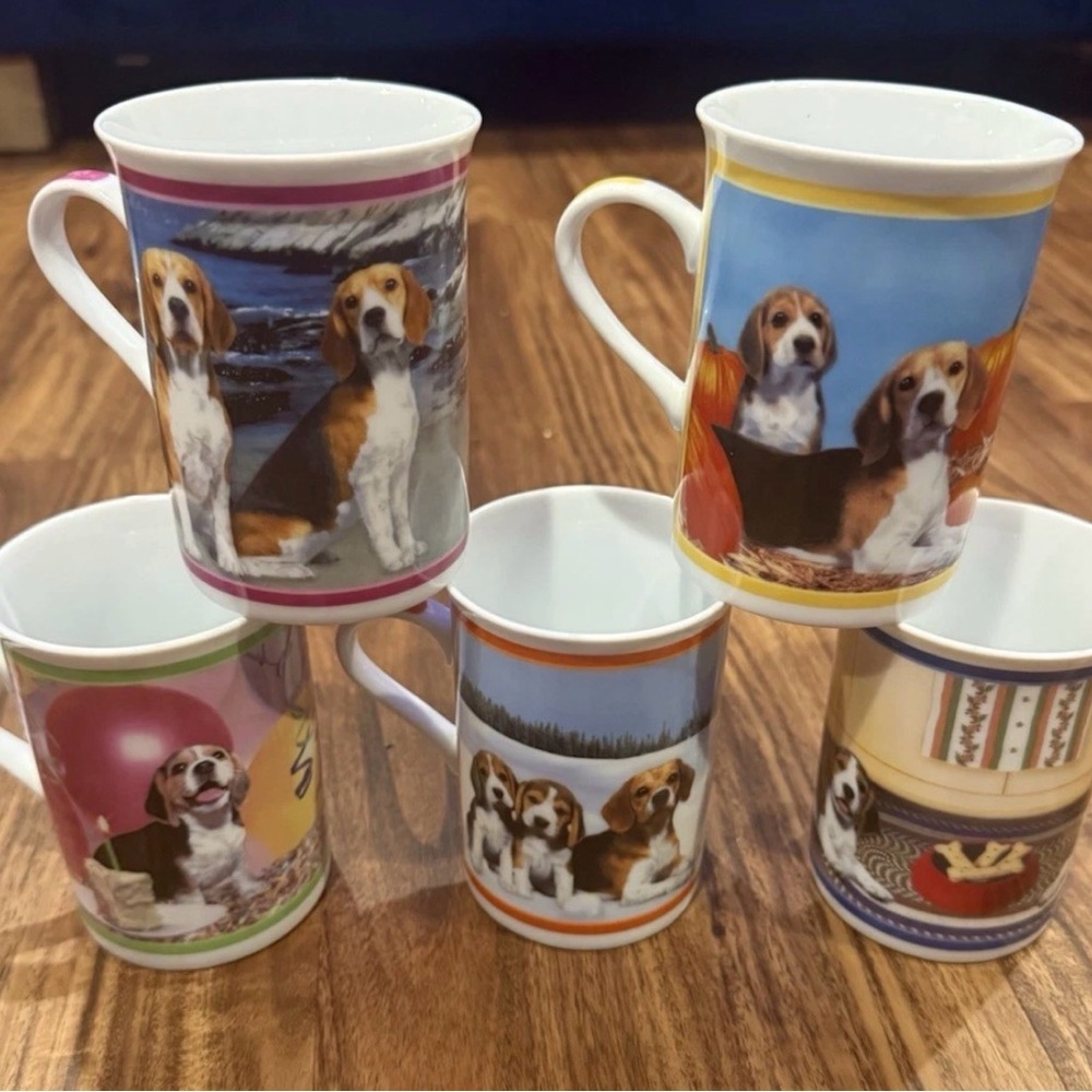Danbury Mint Beagle Porcelain Tea Coffee Mug Set of 5 Beautiful Beagles Dogs